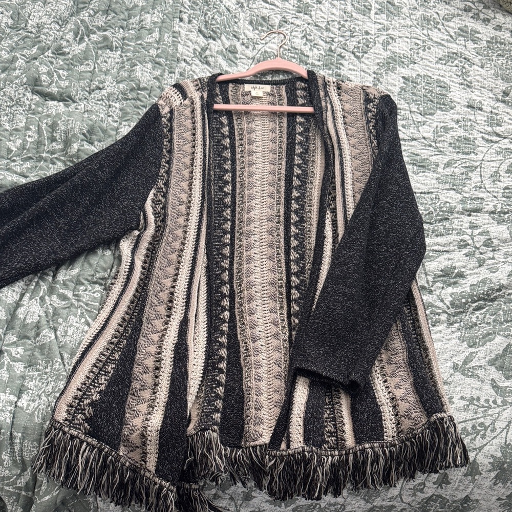 Style & Co. Black and Cream Fringe Cardigan